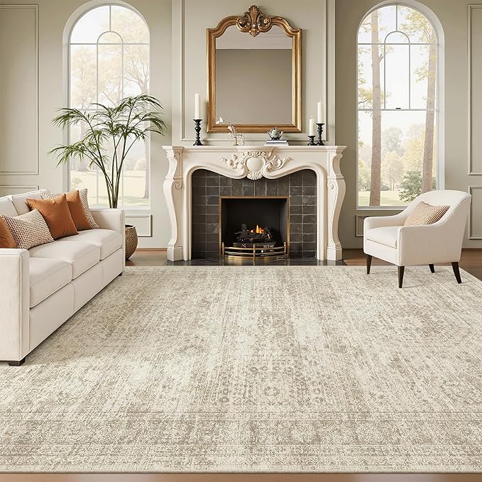 Soalmost Washable Area Rug 8x12, Large Soft Rugs for Living Room Vintage Beige Carpet 8x12 Area Rugs for Bedroom Dining Room Non-Slip Stain Resistant Under Table Rug