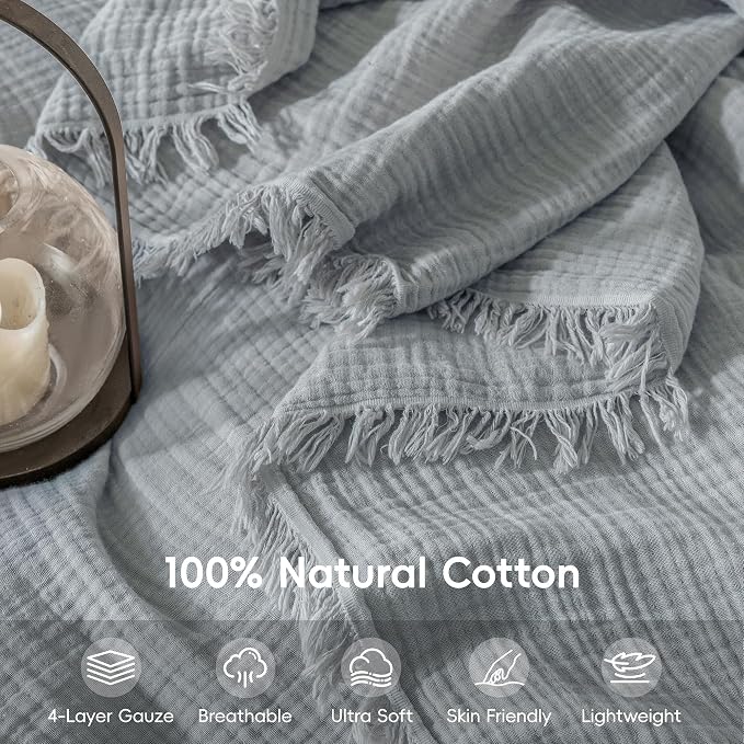 Muslin Fringe Blankets for Adults: 100% Cotton Cloud Soft | 4-Layer Gauze Breathable Lightweight All Season Throw Blanket for Bed Couch Sofa Office