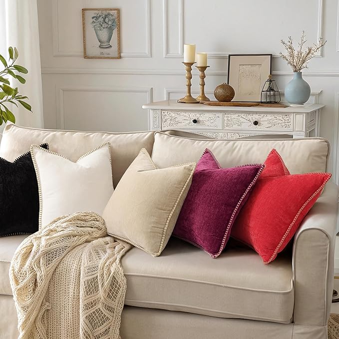 decorUhome Chenille Soft Cozy Throw Pillow Covers 24x24 Set of 2, Modern Farmhouse Boho Velvet Decorative Euro Sham Pillow Cases with Stitched Edge for Couch Sofa Bed Home Decor, Black