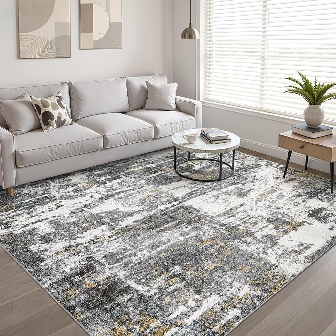 5x7 Area Rugs Living Room: Washable Large Neutral Rug Abstract Soft Modern Stain Resistant Indoor Floor Non-Slip Carpet for Bedroom Nursery Kids Office Playroom Dining Room- Black White Gold