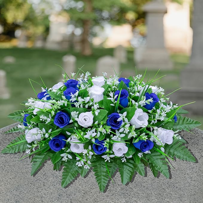 LVXINLI Artificial Cemetery Flowers Saddle-Shaped Tombstone Decorations Non-Fading UV-Resistant（Blue+White Saddle ）
