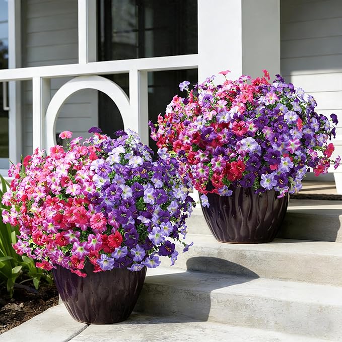 Artificial Flowers for Outdoors Decoration, 20 Bundles Fuchsia Faux Morning Glory with Eucalyptus Look Real UV Resistant Fake Plants Silk Flowers for Outside Yard Gardens Porch Patio Planter Home Urn
