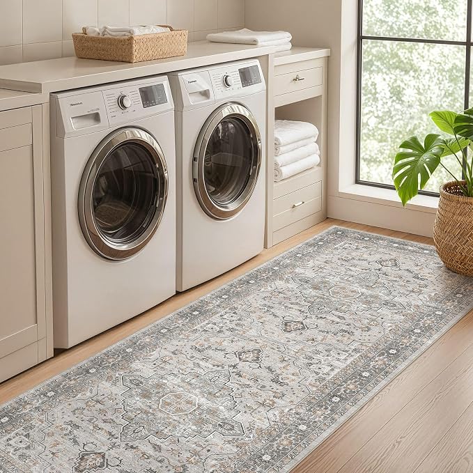 Runner Rug Kitchen Washable Rugs: 3x10 Non-Slip Boho Soft Vintage Stain Resistant Indoor Floor Neutral Farmhouse Throw Carpet for Hallway Bathroom Laundry Room Entryway Bedroom- Taupe