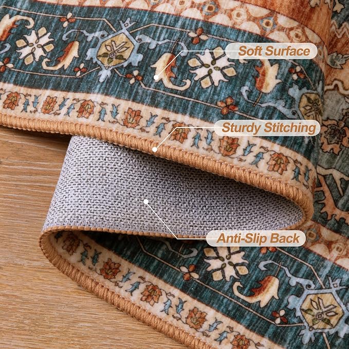 Tangsoo Vintage 2X6 Washable Runner Rug for Hallways, Non Slip Hallway Rugs, Oriental Soft Low Pile Long Rug Carpet Runners for Kitchen Bedroom Entryway Bathroom Living Room Home Decor Orange Blue