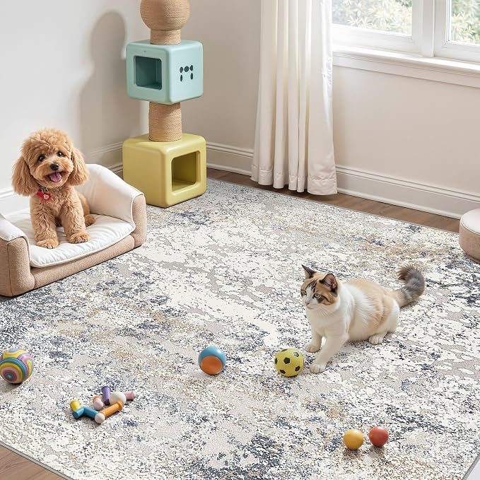 DMOYEST Square Area Rug Living Room Rugs - 8x8 Washable Large Soft Indoor Neutral Modern Abstract Low Pile Rug Carpet for Bedroom Dining Room Farmhouse Home Office - Beige Blue