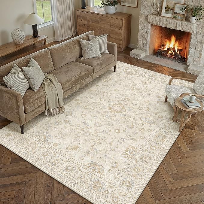 9x12 Beige Washable Area Rug for Living Room Bedroom Neutral Soft Floral Non Slip Large Throw Rug Lightweight Vintage Low Pile Distressed Carpet Office Playroom Dining Room Home Decor