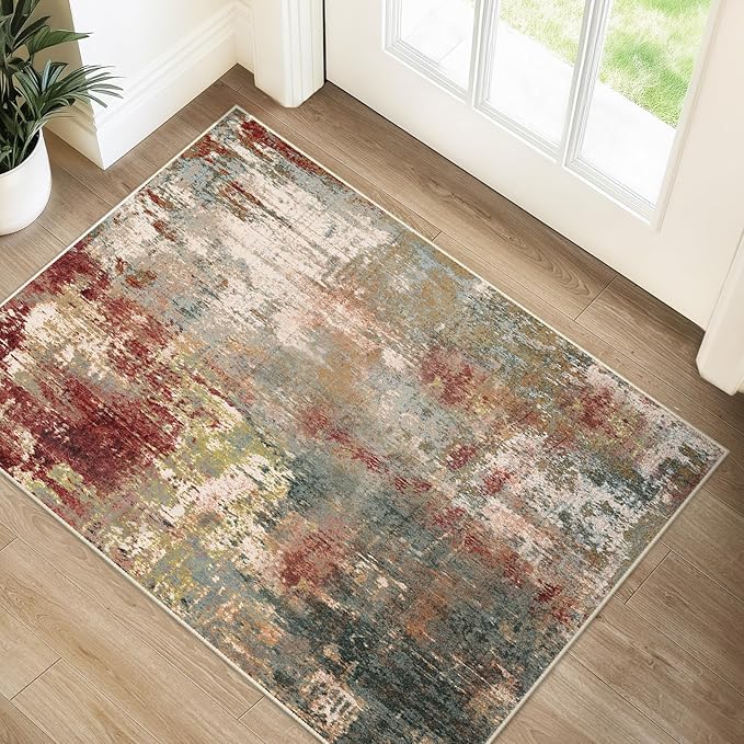 RELEANY Washable Area Rugs 2'x3' Non-Slip Modern Abstract Soft for Living Room Entryway Bedroom Nursery, Print Pattern, Brown Rust Red Green Blue Multi