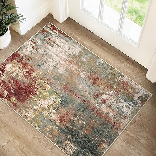 RELEANY Washable Area Rugs 2'x3' Non-Slip Modern Abstract Soft for Living Room Entryway Bedroom Nursery, Print Pattern, Brown Rust Red Green Blue Multi