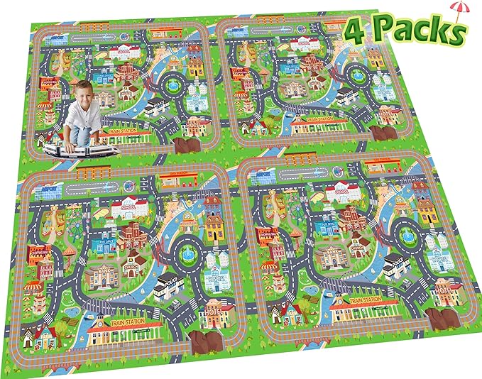 Car Rug Play Mat for Kids Toy Cars, 4 Packs 3'x4'/ 36"x48" Road Traffic Playmat for Kid Bedroom, Non-Slip Machine Washable Town City Race Track Carpet for Learn and Have Fun