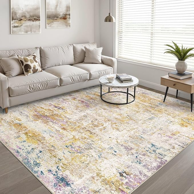6x9 Area Rugs Living Room: Washable Large Neutral Rug Abstract Soft Modern Stain Resistant Indoor Floor Non-Slip Carpet for Bedroom Nursery Kids Classroom Playroom Dining Room- Gold Multi