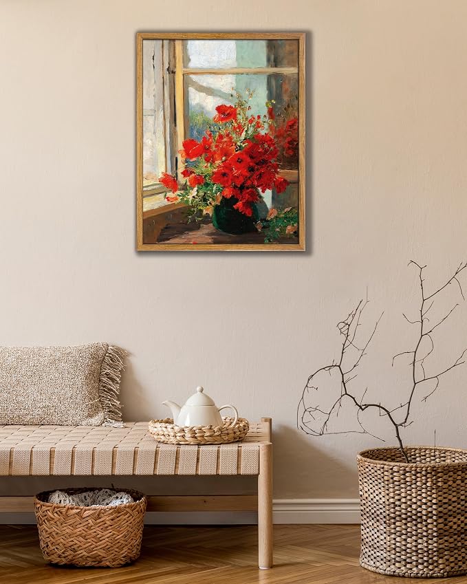 UPWOIGH 8x10 Framed Red Poppies Wall Art | Oil Painting Canvas Print, Vintage Farmhouse Style, Rustic Floral Décor, Living Room Bedroom Accent