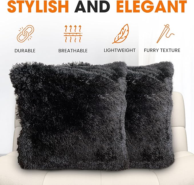 Cheer Collection Throw Pillows for Couch and Bed, Soft Shaggy Throw Pillows with Inserts Included, Cozy Long Hair Faux Fur Pillows - Set of 2-22" x 22" Black
