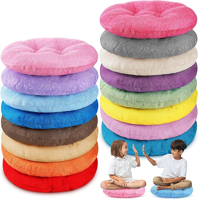 Fumete 16 Pcs 16 Inch Floor Cushions Pillow for Kids Bulk Classroom Round Flexible Seating Floor Cushions for Students Home Daycare School Reading Corner Yoga Meditation Picnic (Rainbow and Morandi)