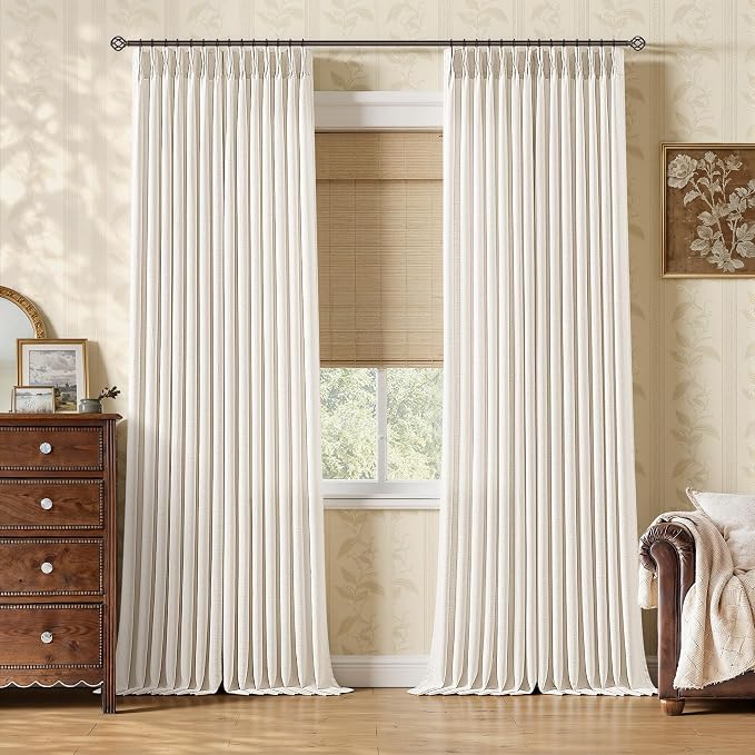 112 Inch Long Pinch Pleat Curtains 2 Panels Set Natural Cream Light Filtering Back Tab Linen Textured Drapes for High Living Room Sliding Door 112 Inches Farmhouse Semi Sheer Extra Long Door Curtains