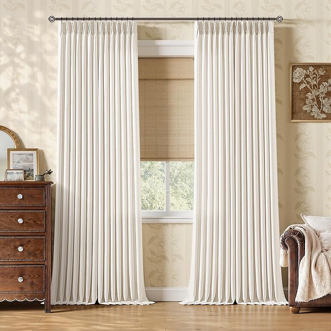 Natural Pleated Linen Curtains 96 Inches Long for Living Room Neutral Modern Light Filtering Beige White Pinch Pleat Office Curtains Decor with Rings Memory Trained Back Tab Door Drapes 8 FT 2 Panels