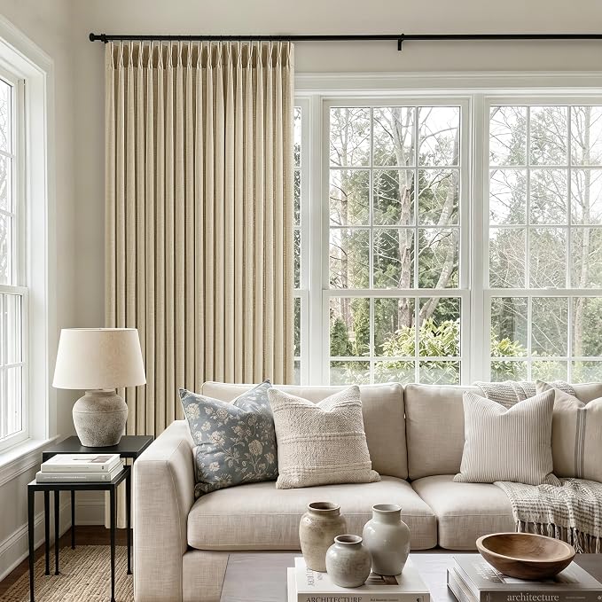 Oatmeal Pinch Pleat Curtains 70x102 Inch Long Farmhouse Memory Trained Light Filtering Sheer Pinch Pleat Extra Wide Curtains for Living Room Bedroom Sliding Patio Door 102 Inches Long 1 Panel