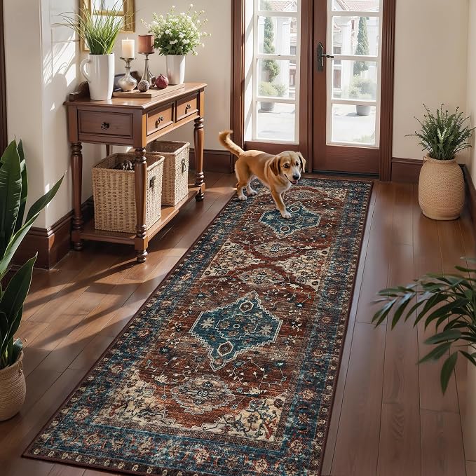 Tangsoo Oriental 3x6 Entryway Runner Rug, Washable Non Slip Indoor Accent Runner Rugs, Vintage Print Rust Carpet Runner, Soft Low Pile Rug for Living Room Dining Bedroom Bedside Entryway