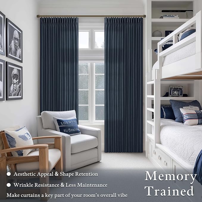 Navy Pinch Pleated Curtains 108 Inches Long 2 Panels for Living Room Bedroom Light Filtering Linen Drapes 108 Inch Length Indigo Dark Blue Semi Sheer Memory Shape Trained Ceiling Floor Curtain 9Ft
