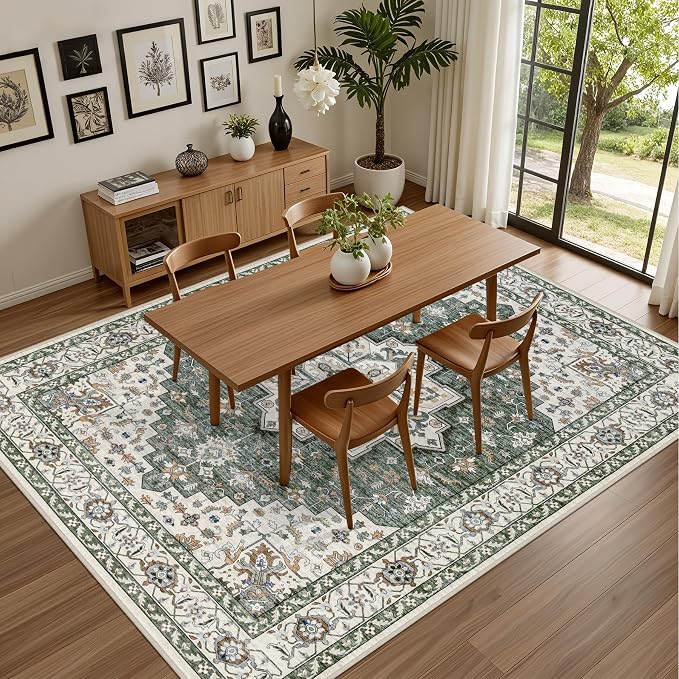 5x7 Area Rugs Living Room Rug: Washable Vintage Boho Medallion Rug No Slip Stain Resistant Soft Carpet Indoor Large Carpets for Bedroom Dining Room Farmhouse Nursery Hallway Home Office Green Ivory