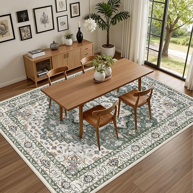 Area Rugs 10x14 Living Room Rug: Washable Rug Soft Vintage Boho Medallion Carpet Indoor Non-Slip Stain Resistant Large Carpets for Bedroom Dining Room Farmhouse Nursery Home Office Green Ivory