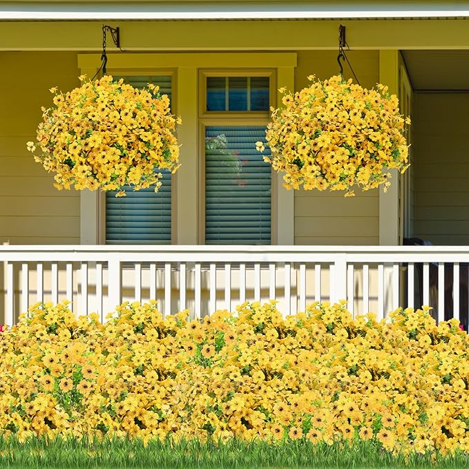 MERIXMAS 24 Bundles Artificial Flowers for Outdoors Decorations, Fake Flowers Artificial Plants Outdoor, Colorful Daisy Eucalyptus Realistic UV Resistant for Garden Patio Porch Home Decor, Yellow