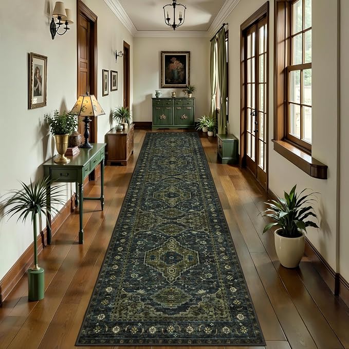 Tangsoo Oriental 2.6x12 Washable Hallway Runner Rug, Non Slip Vintage Long Runner Rug for Hallways, Soft Low Pile Rug Runner, Boho Print Carpet Runners for Kitchen Bedroom Entryway Living Room Green