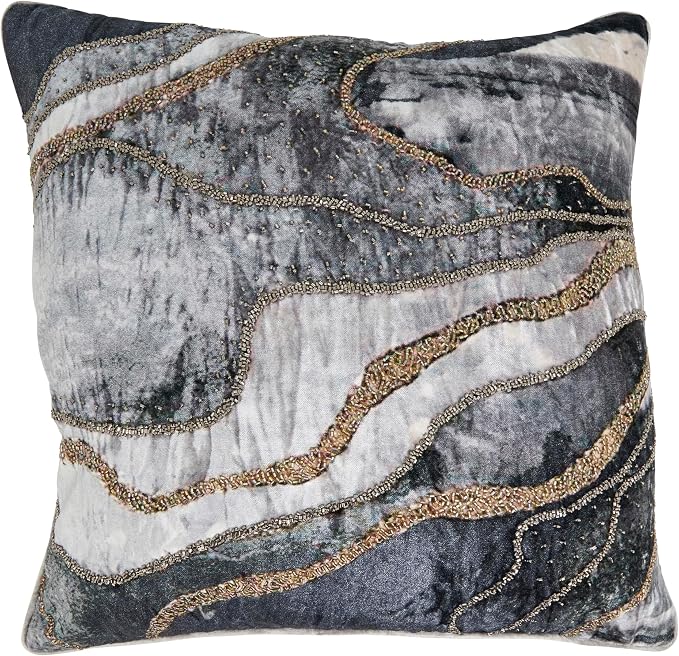 SARO LIFESTYLE Luxurious Embroidered Velvet Swirl Down Filled Pillow, 20"x20", Slate