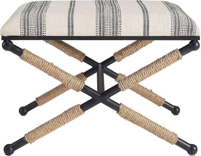 Linon Farrow Black Metal and Natural and Black Stripe Upholstered Campaign Ottoman
