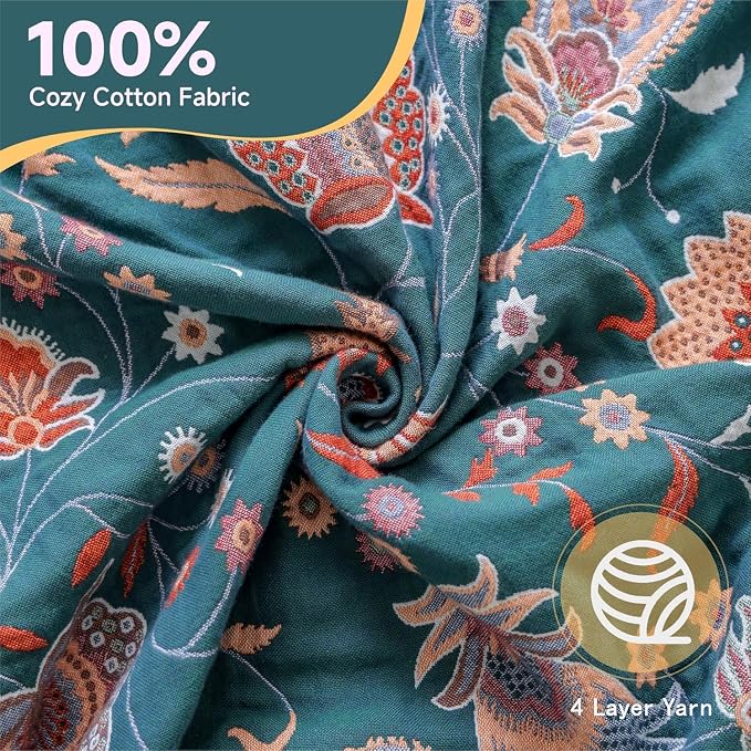 STASOPTK100% Cotton Boho Throw Blanket Soft Lightweight Twin Blanket 60"x80", Floral Reversible All-Season Bed Blanket, Breathable Summer Blanket for Couch Chair, White