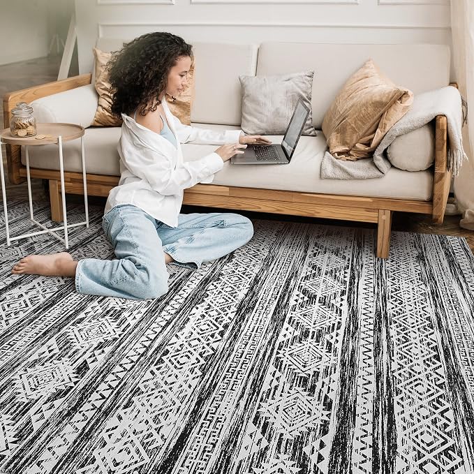 Tortania Area Rug Living Room Rugs - 5x7 Washable Large Soft Neutral Boho Moroccan Bohemian Farmhouse Rug Indoor Floor Carpet for Bedroom Under Dining Table Home Office Decor - Black White