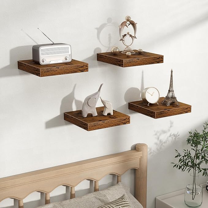 Fun Memories Floating Shelves for Wall, Rustic Wood Wall Mounted Shelves for Bathroom, Bedroom, Living Room and Kitchen, Storage & Home Decor (Set of 4, Brown, 9.3 in)