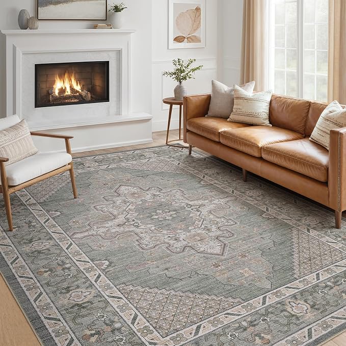 Tortania Area Rug Living Room Rugs - 9x12 Washable Boho Rug Vintage Oriental Distressed Farmhouse Large Thin Indoor Carpet for Living Room Bedroom Under Dining Table Home Office - Green Gray