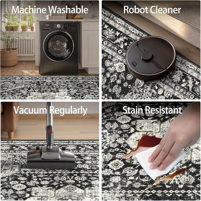 DCX Machine Washable Black Area Rug 8x10, Non Slip Stain Resistant Vintage Floral Rug for Living Room Bedroom Dining Room, Soft Low Pile Large Carpet