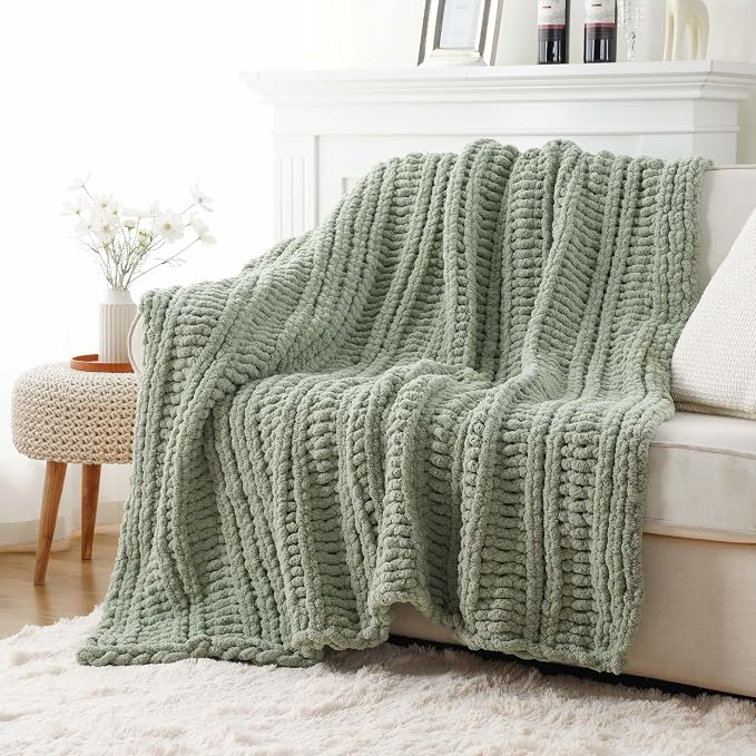 Battilo Chunky Knit Throw Blanket for Couch, 50"x60", Sage Green | Hand Knit, Gift Blanket, Cozy Warm Thick Soft Chenille Throw Blanket for Bed, Sofa, Chair, Living Room