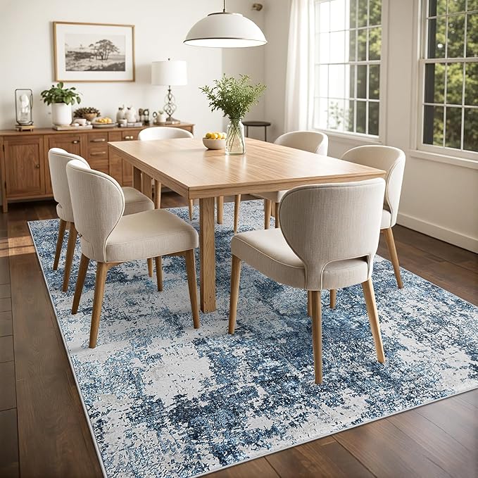 Area Rug 9x12 Living Room: Large Washable Rug with Anti-Slip Backing Non-Shedding Stain-Resistant Soft Abstract Carpet for Bedroom Dining Room Nursery Home Office (Blue)
