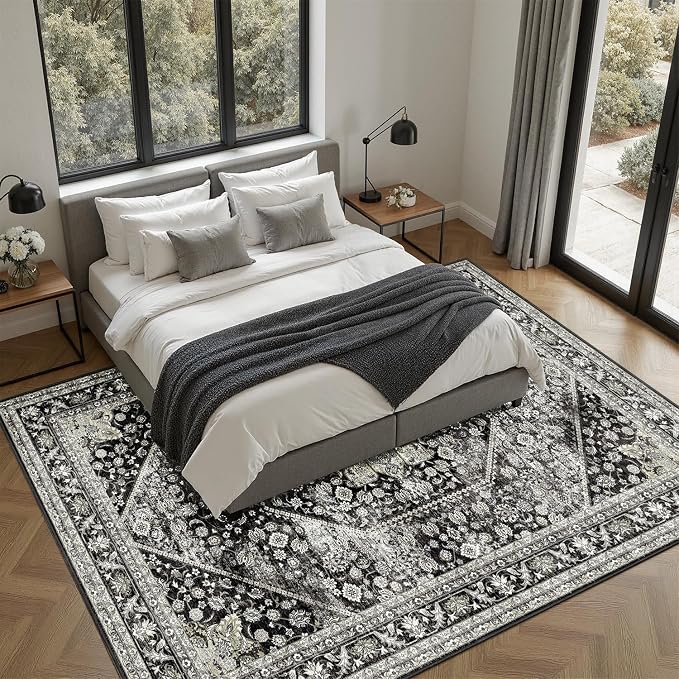 DCX Machine Washable Black Area Rug 4x6, Non Slip Stain Resistant Vintage Floral Rug for Living Room Bedroom Dining Room, Soft Low Pile Large Carpet