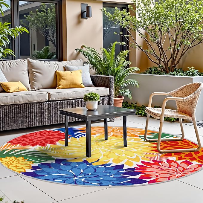 Colorful 6FT Outdoor Round Area Rug Washable Rugs Multicolored Patio Rug Tropical Botanical Floral Chenille Waterproof Outdoor Carpet for RV, Pool Deck, Backyard, Porch, Rainbow