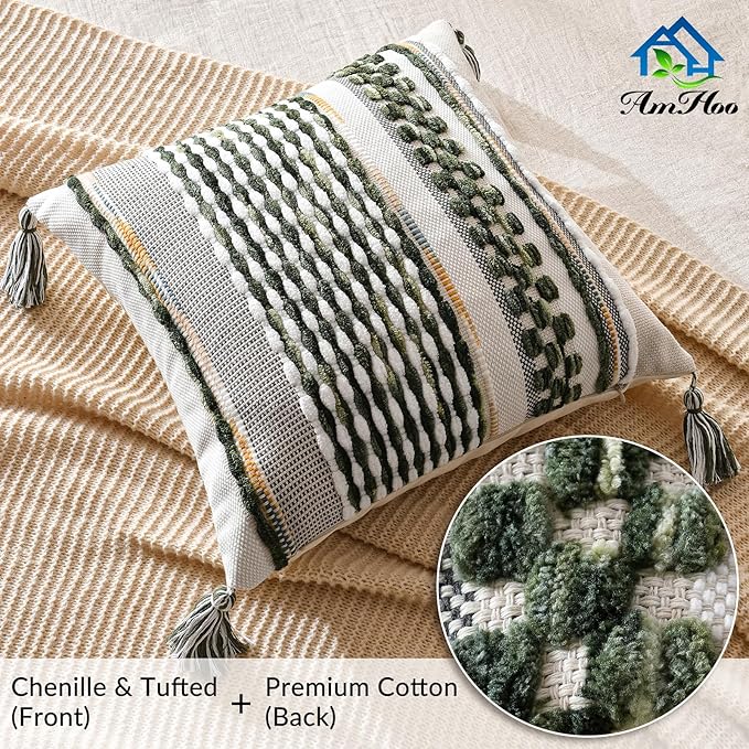AmHoo Chenille Striped Textured Boho Throw Pillow Covers Aesthetic with Tassels Woven Decorative Pillow Case for Couch Bed Sofa Bedroom Modern Funky 18 x 18-Inch Sage Green