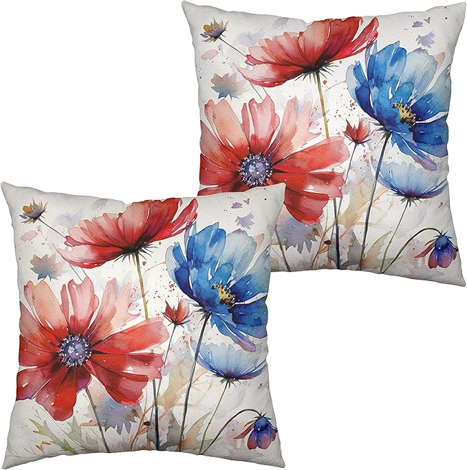 Set of 2 Red and Blue Floral Pillow Covers 22x22 Beautiful Watercolor Flowers Decorative Pillow Case White Linen Square Cushion Case for Indoor Outdoor Car