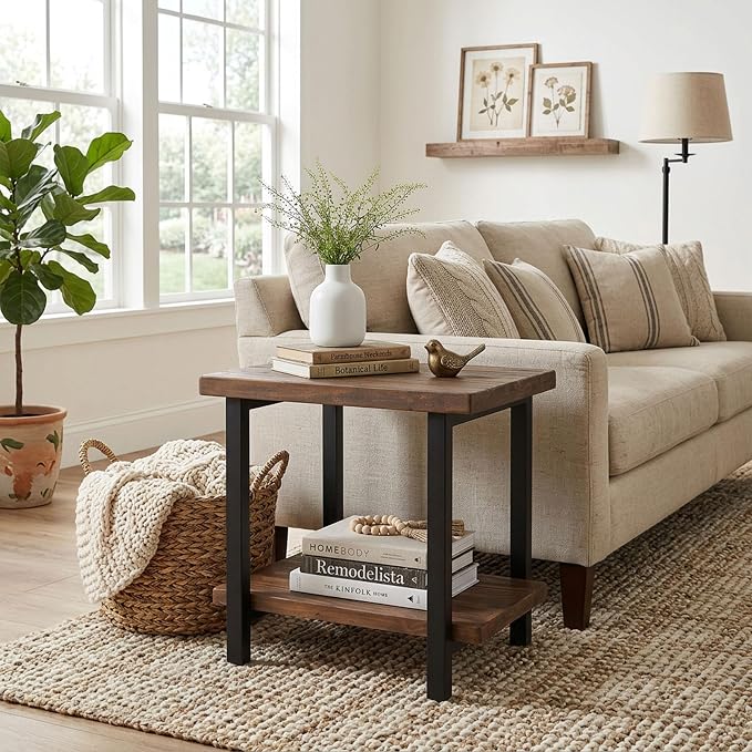 Alaterre Furniture Pomona Solid Wood 2-Tier End Table, Rustic Brown, 27” | Side Table or Nightstand with Storage Shelf and Metal Legs, Industrial Farmhouse Chair Side Table for Living Room or Bedroom
