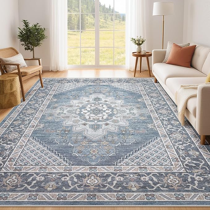 Tortania Area Rug Living Room Rugs - 6x9 Washable Boho Rug Vintage Oriental Distressed Farmhouse Large Thin Indoor Carpet for Living Room Bedroom Under Dining Table Home Office - Blue