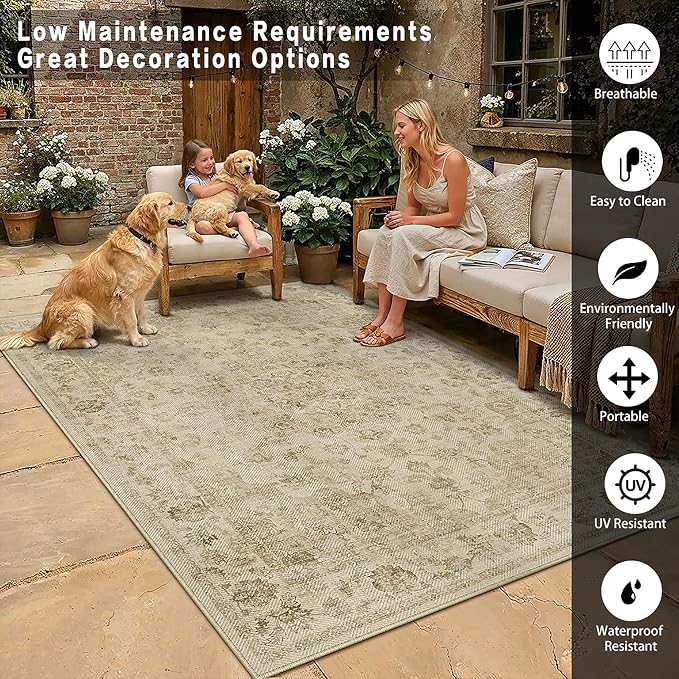 6x9 Easy Jute Neutral Area Rug Beige Vintage Indoor Outdoor Carpet Washable Non-Slip Farmhouse Throw Rug for Dining Room Office Farm Patio Porch Backyard Courtyard