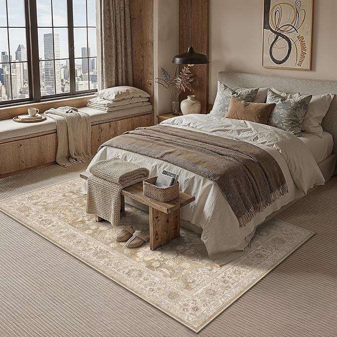 9x12 Taupe Washable Area Rug for Living Room Bedroom Neutral Soft Floral Non Slip Large Throw Rug Lightweight Vintage Low Pile Distressed Carpet Office Playroom Dining Room Home Decor