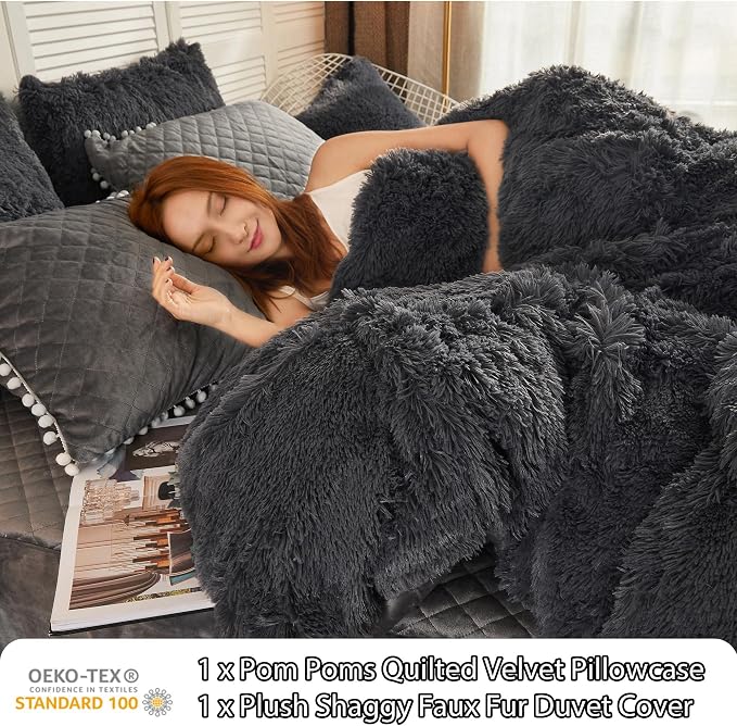 LIFEREVO Luxury Plush Shaggy Duvet Cover Set, Soft Velvet Fluffy Furry Duvet Cover Set(1 Faux Fur Fuzzy Comforter Cover+1 Pom Poms Pillow Sham)Solid Bedding Set, Zipper Closure(Twin/Twin XL,Dark Gray)