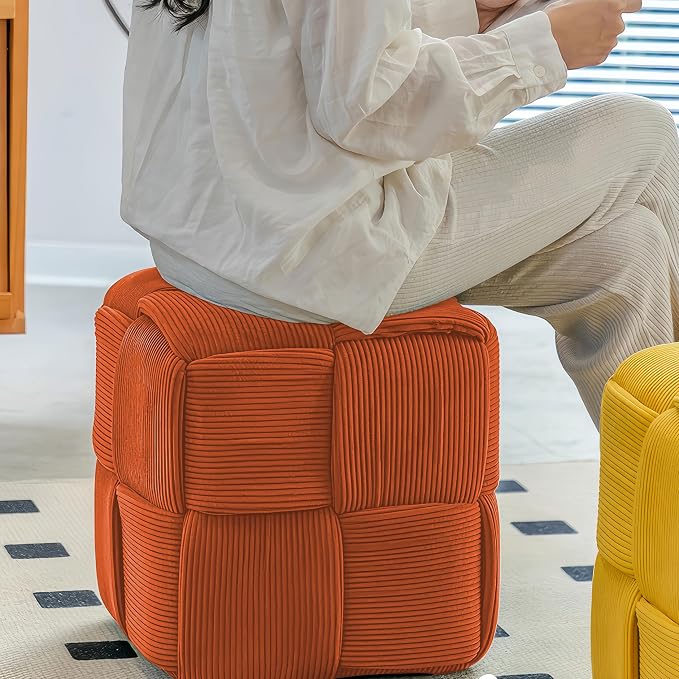 Cmishe 15" Square Woven Corduroy Ottoman Footrest - Modern Vanity Stool for Living Room & Entryway, Eco-Friendly Wood Frame, No Assembly (Orange)
