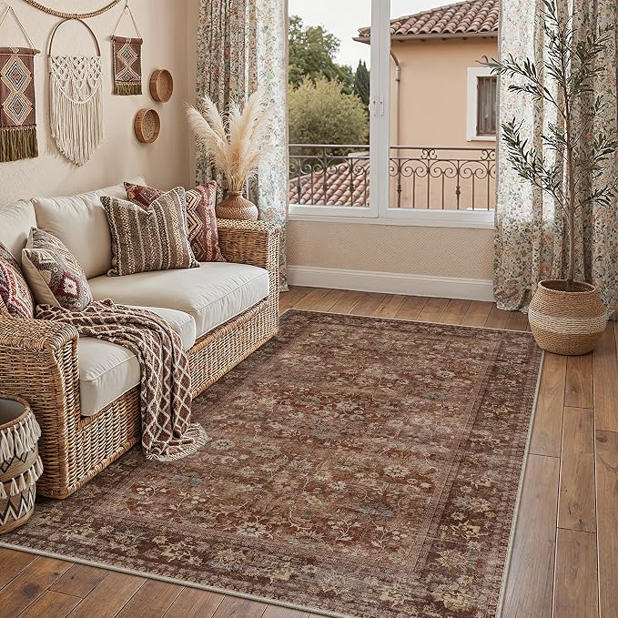 HUGEAR 3x5 Machine Washable Rugs Brick Red Hallway Area Rug Indoor Accent Rug Floral Low Pile Carpet Soft Throw Rug Bedroom Living Room Office Dining Room Kitchen Laundry Room Non Slip