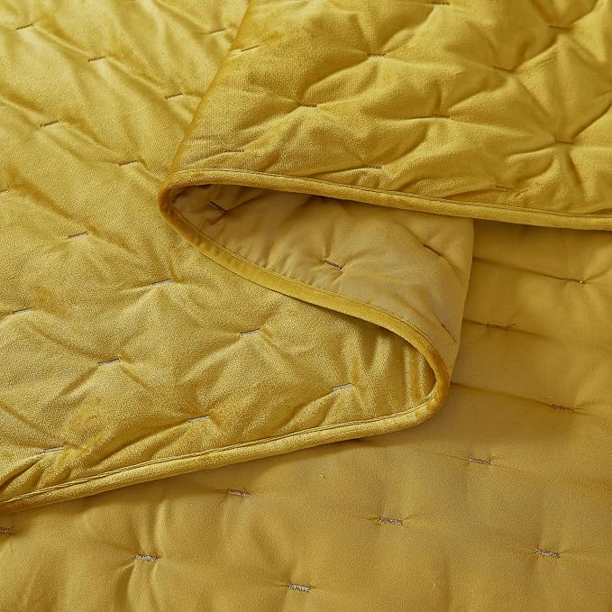 Lush Decor - Quilt Set, 3-Piece Cozy Velvet Bedding with Matching Shams, Embroidered Stitch Design (Haven Mineral Yellow, King/California King)