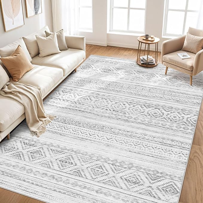 cotiled 9x12 Area Rug Living Room: Washable Boho Rugs with Non Slip Backing Large Soft Indoor Stain Resistant Carpet for Bedroom Farmhouse Dining Room Lightweight Home Decor Light Grey