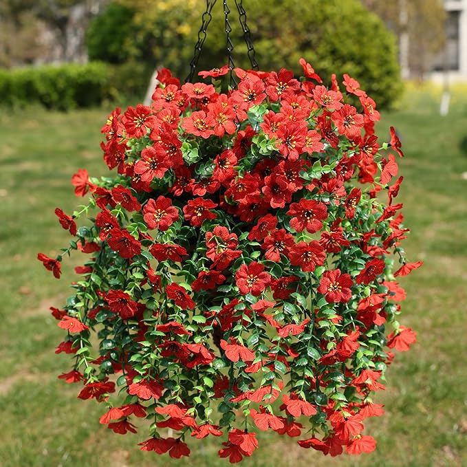 HyeFlora Artificial Hanging Flowers Basket for Outdoor, Fake Flowers Faux Plants Look Real for Yard Gardens Porch Patio Home (Red)