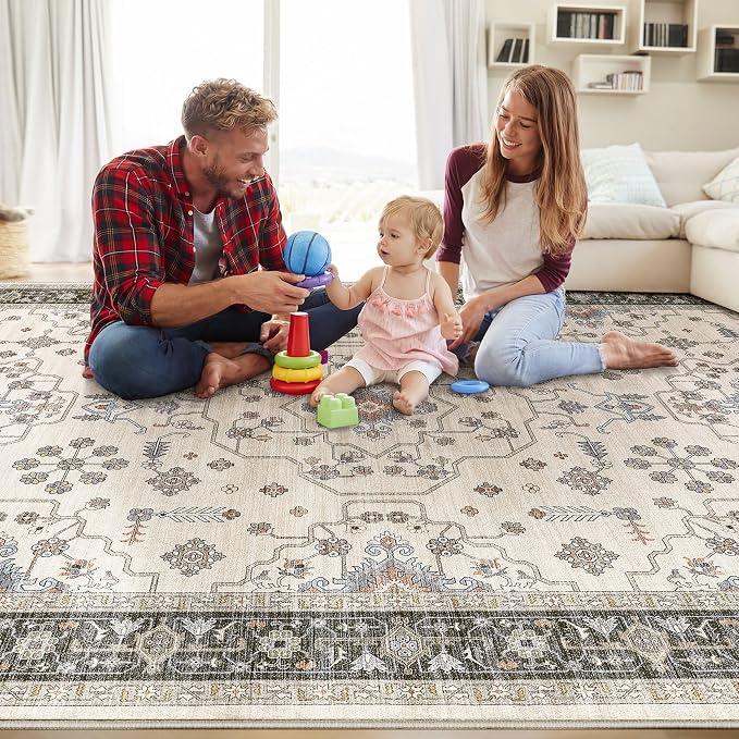 5x7 Area Rugs for Living Room - Large Carpet Ultra Thin Soft Washable Oriental Vintage Floral Distressed Big Indoor Carpets for Bedroom Nursery Dorm Home Decor Aesthetic - Brown Black